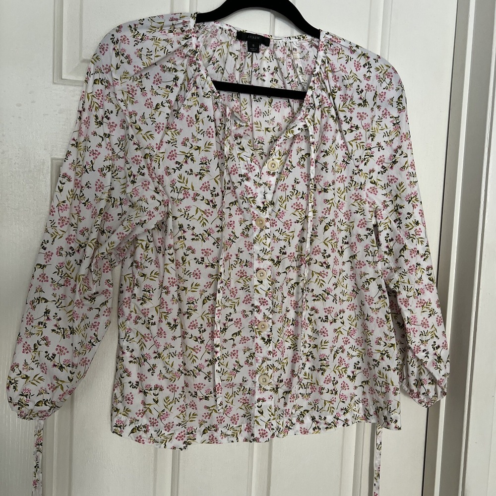 J‎ Crew Women's Shirt Size Small White Floral Button Up W Neck Tie Cottage